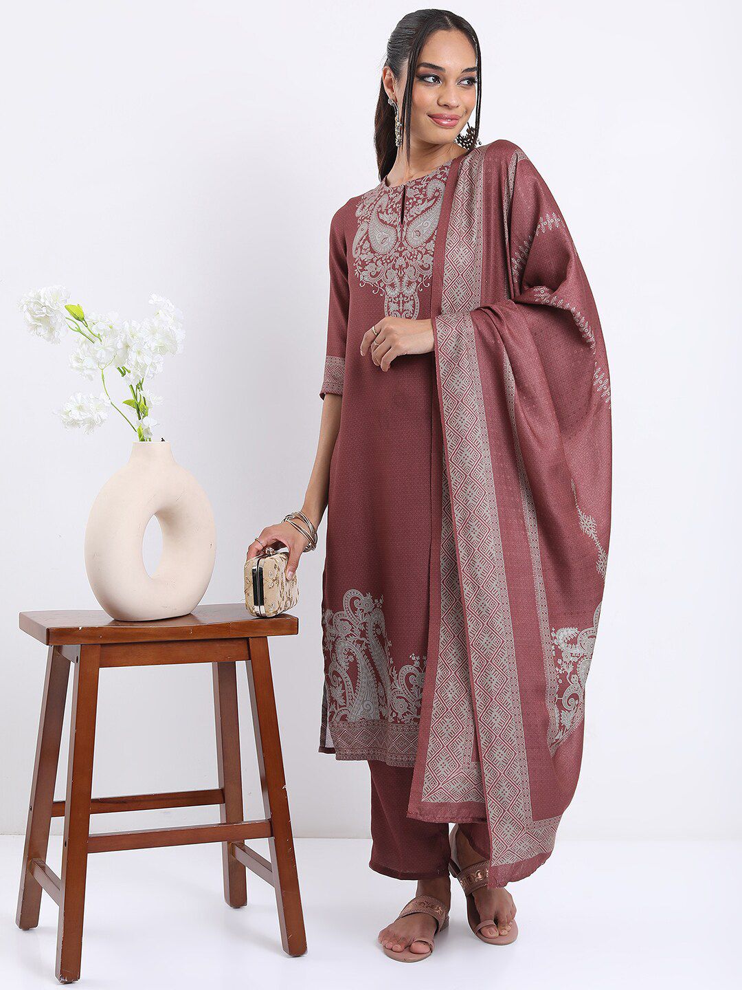 Vishudh Brown Ethnic Motifs Printed Regular Kurta with Trousers & With Dupatta