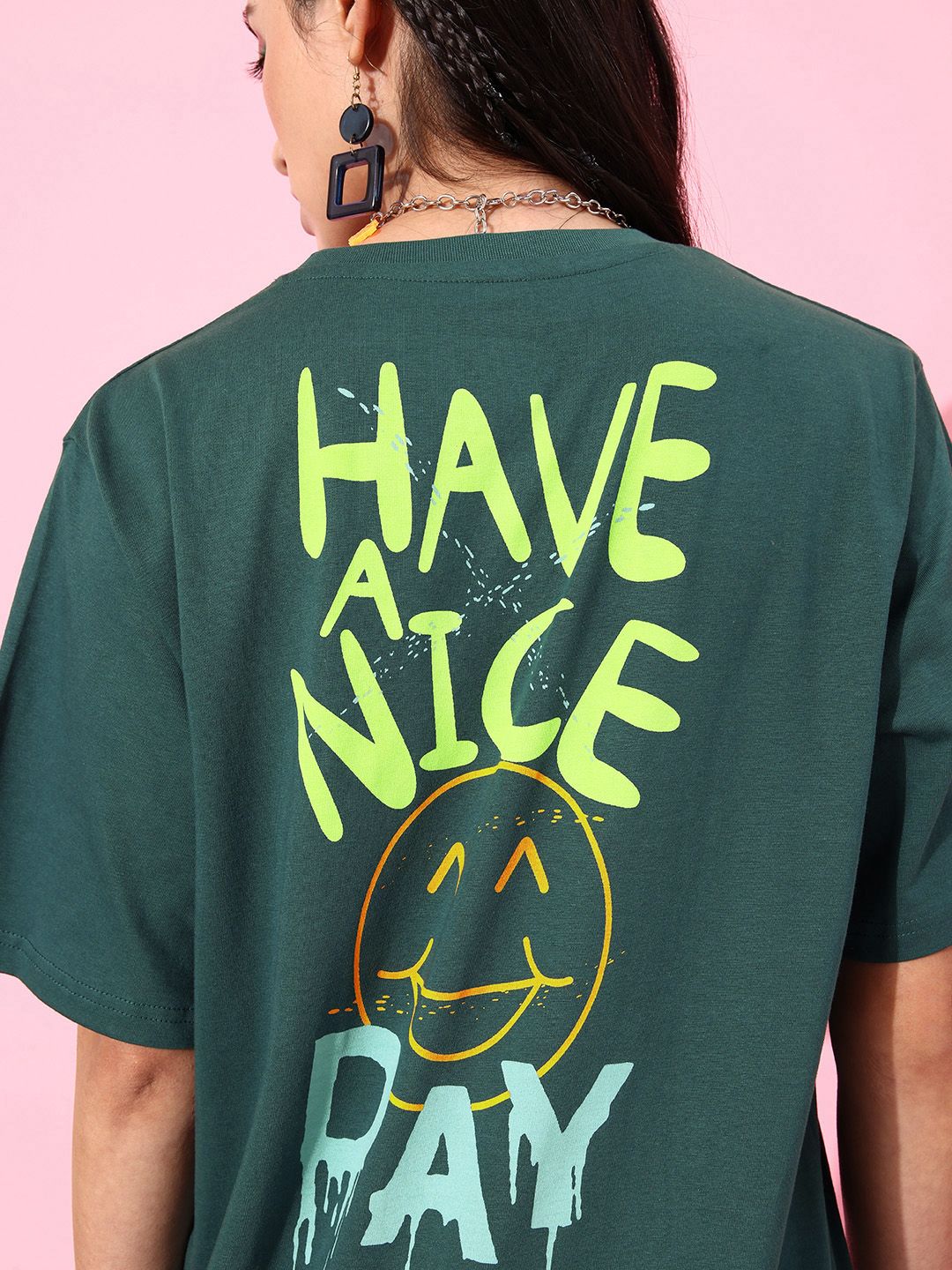 DILLINGER Green & Yellow Typography Printed Oversized Pure Cotton Longline T-shirt