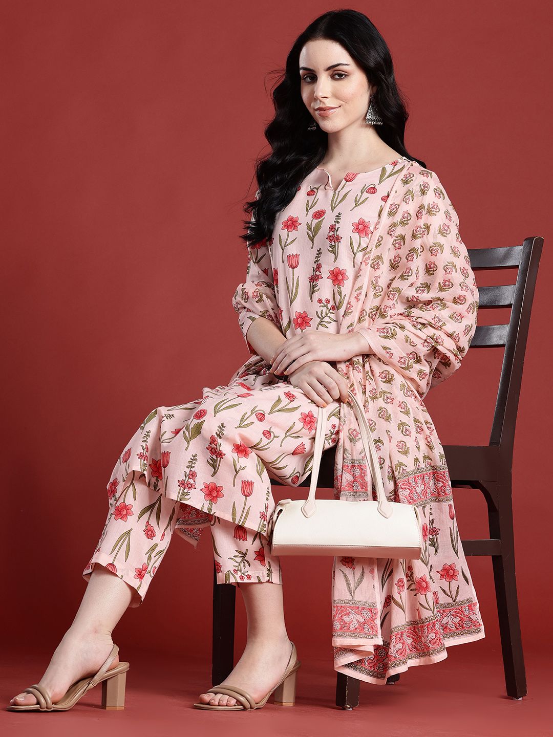 Anouk Floral Printed Pure Cotton Kurta with Trousers & With Dupatta