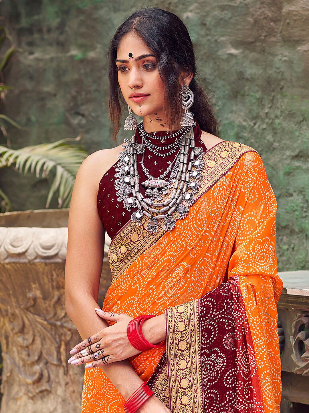 Saree mall Orange & Mauve Bandhani Printed Zari Pure Georgette Saree