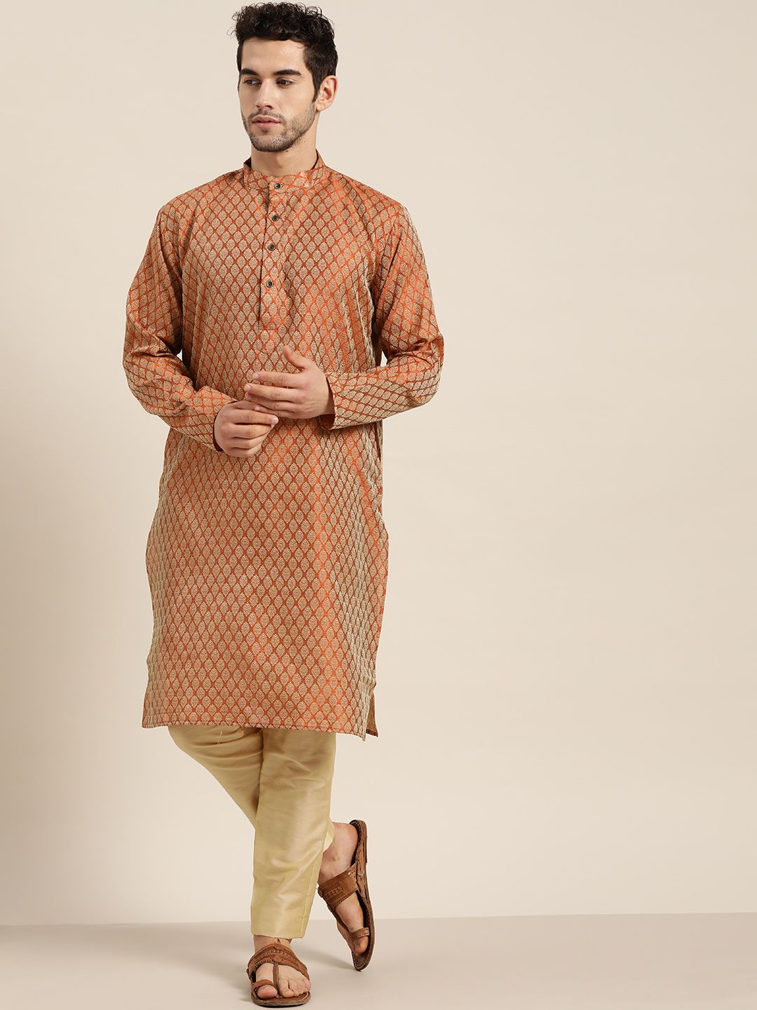 SOJANYA Men Rust Orange & Beige Jacquard Ethnic Motifs Woven Design Straight Kurta