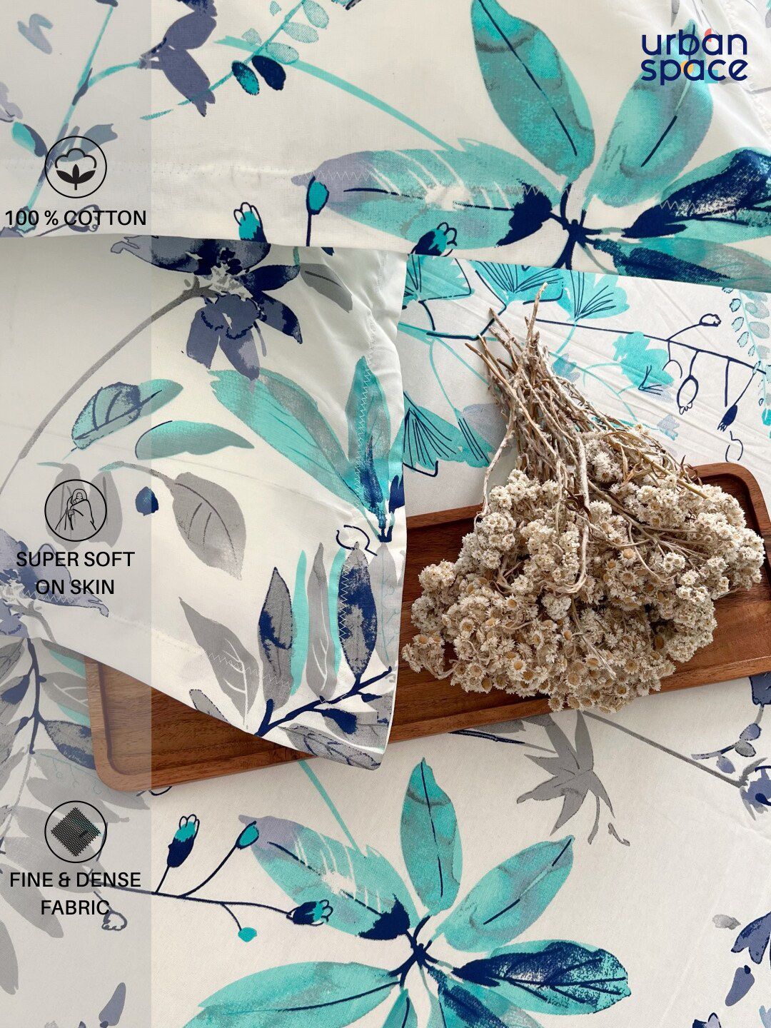 URBAN SPACE Serene Turquoise Blue Floral Cotton 200 TC Single Bedsheet & 1 Pillow Cover
