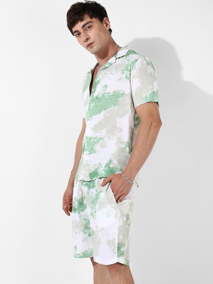 Campus Sutra Men Green & White Tie & Dye Shirt Collar Co-Ord