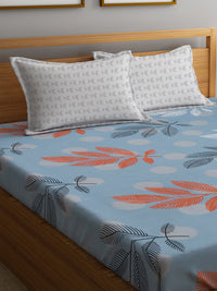 KLOTTHE Blue Leaf Polycotton 300 TC Fitted King Fine Bedsheet dengan 2 Sarung Bantal-98 x 87 inci