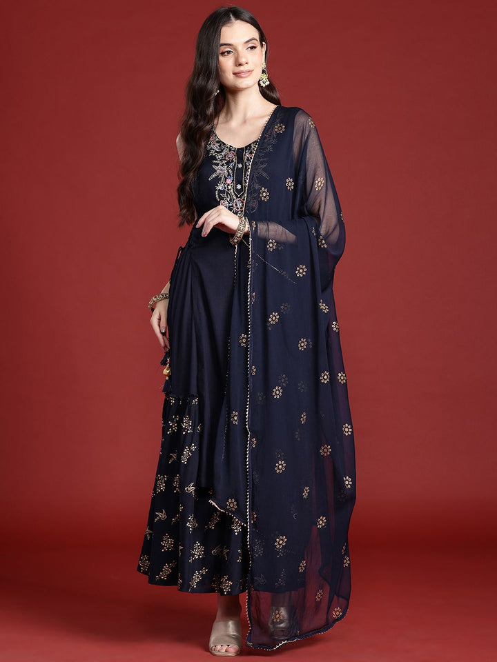 Anouk Ethnic Printed Yoke Embroidered Layered Kurta with Dupatta