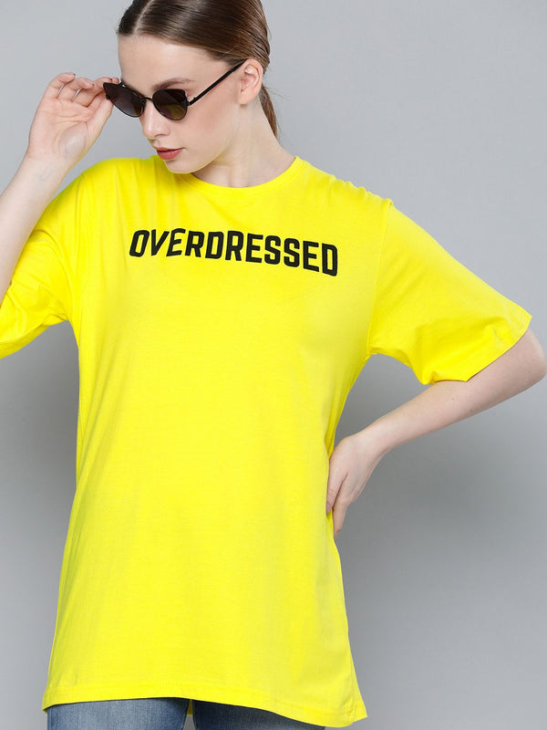 DILLINGER Women Yellow Boxy Fit Printed Round Neck Longline Oversized Pure Cotton T-shirt