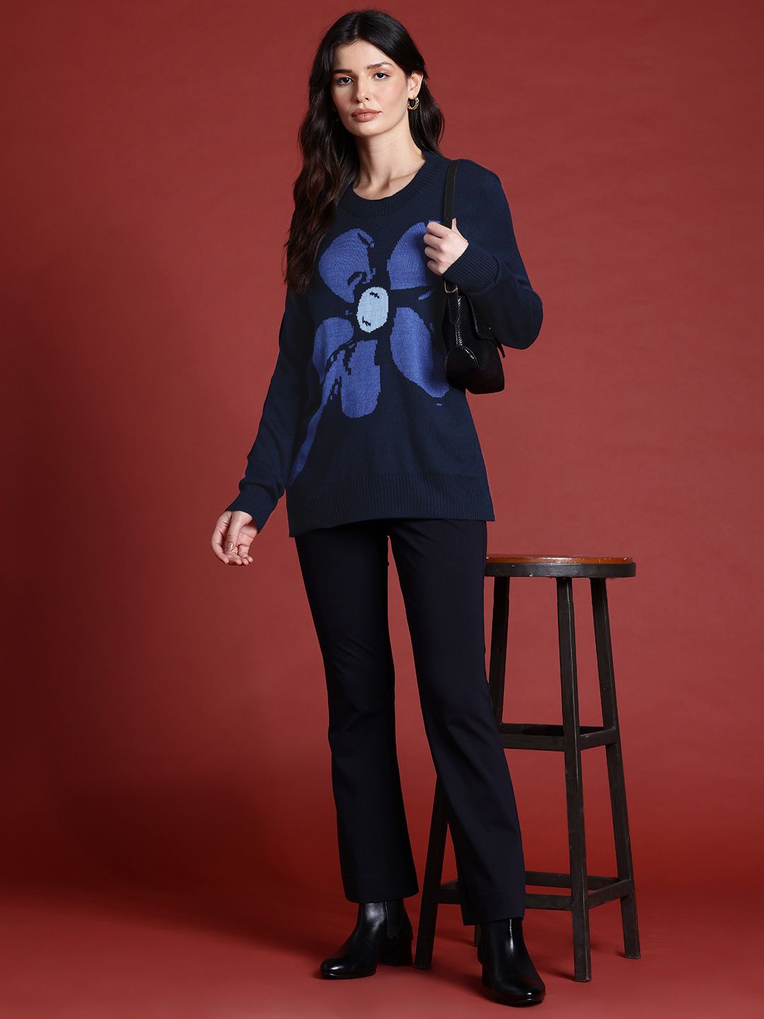 all about you Floral Design Full Sleeves Longline Sweater
