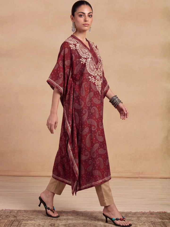 House of Chikankari Women Paisley Printed Thread Work Crepe Kaftan Kurta
