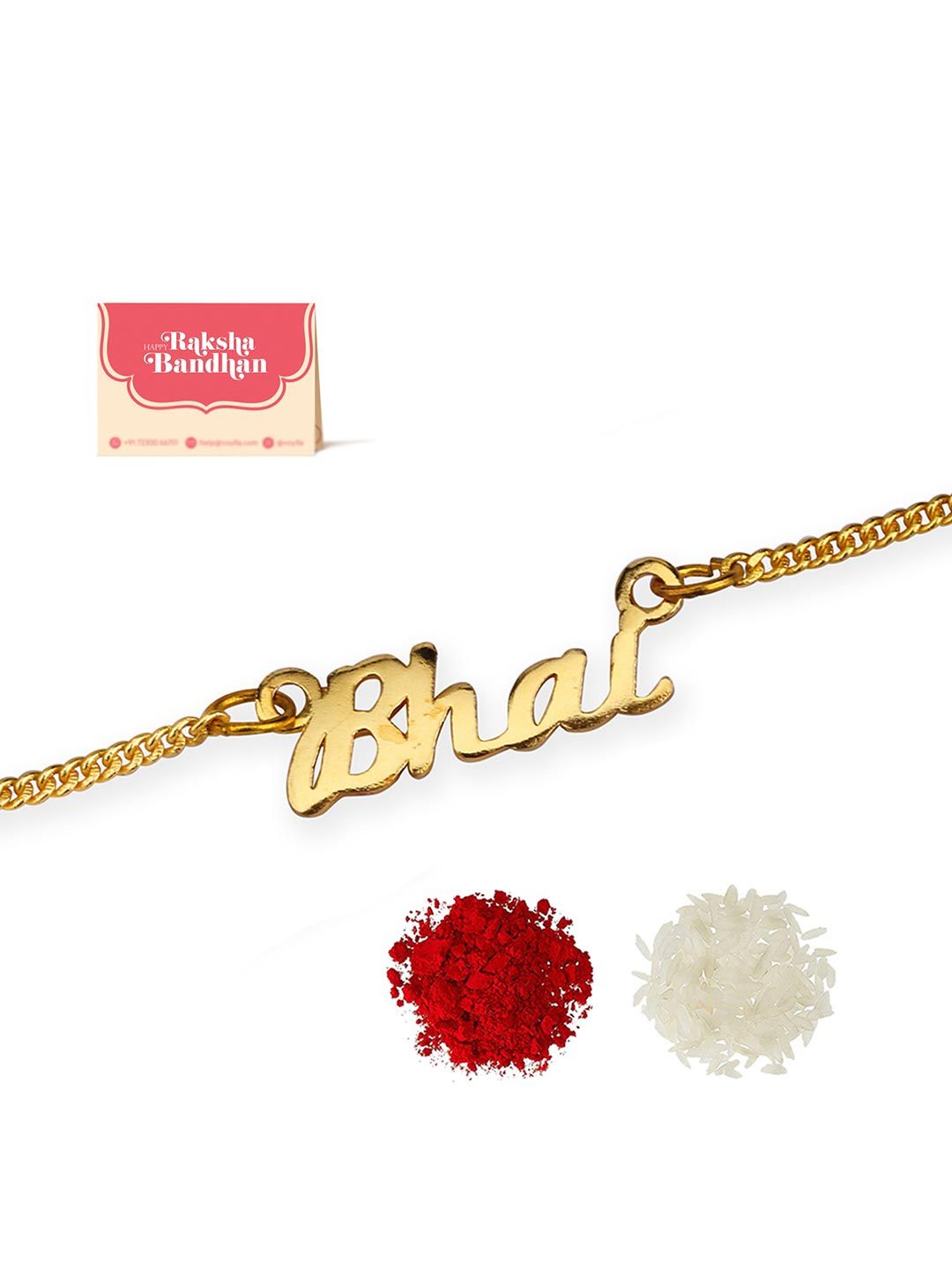 Voylla Gold-Toned Engraved with The Word 'Bhai' Rakhi Bracelet with Roli Chaawal Pack