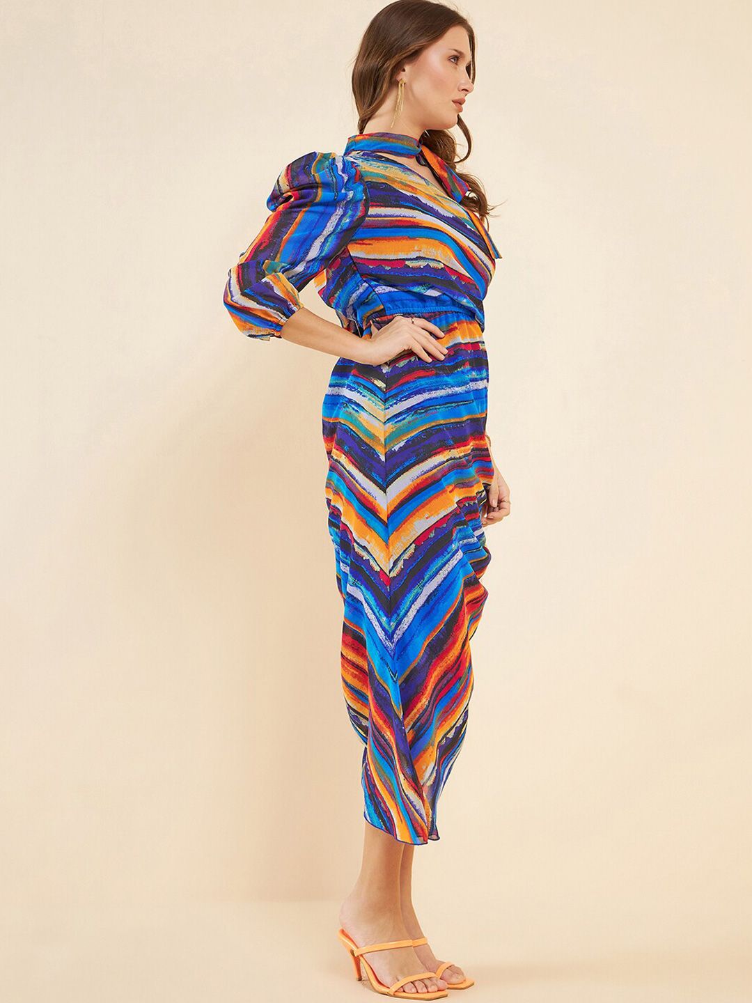 Antheaa Blue Abstract Printed One Shoulder Puff Sleeves Ruched Georgette A-Line Midi Dress