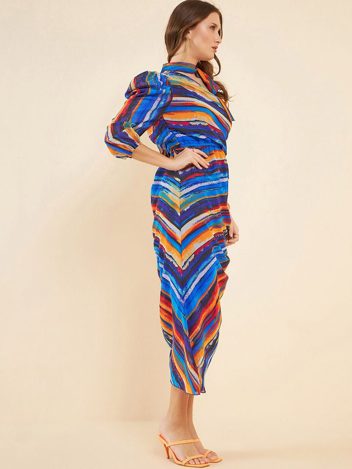 Antheaa Blue Abstract Printed One Shoulder Puff Sleeves Ruched Georgette A-Line Midi Dress