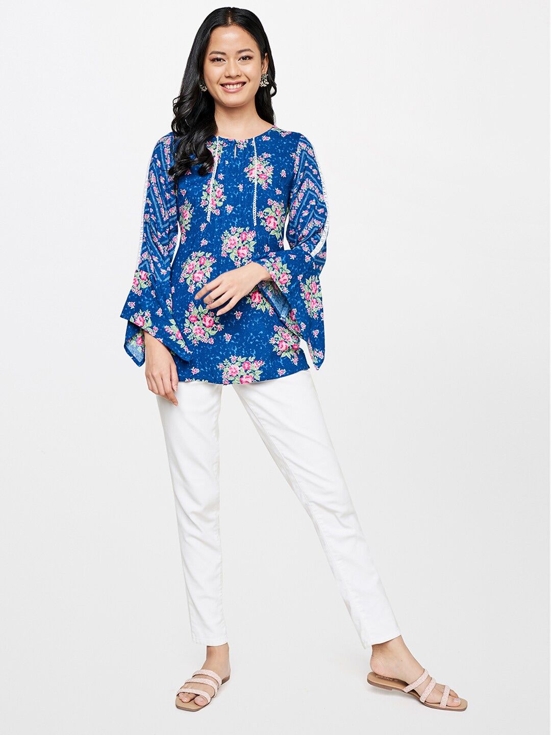 Global Desi Women Blue & Pink Floral Printed Top
