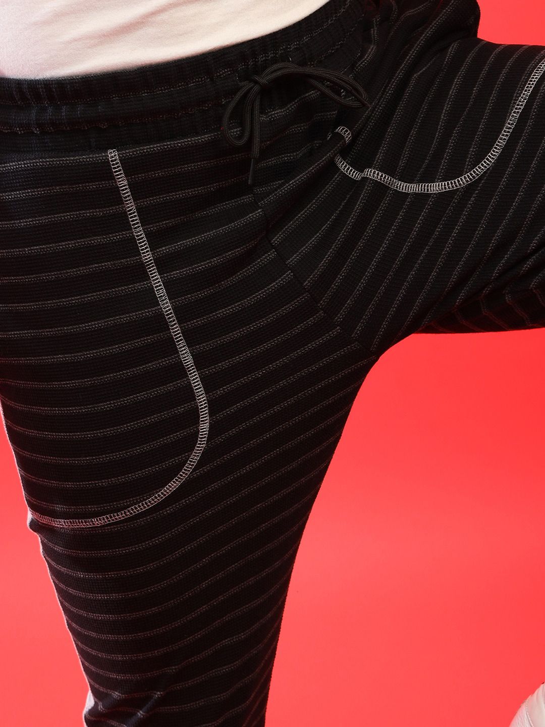 Campus Sutra Men Charcoal Black & Grey Striped Cotton Joggers