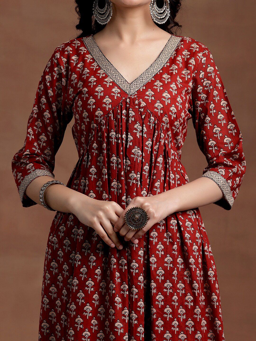 Libas V Neck Floral Printed Empire Pure Cotton A Line Kurta with Palazzo