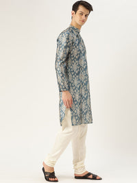 SOJANYA Men Blue & Off-White Printed Straight Angrakha Kurta