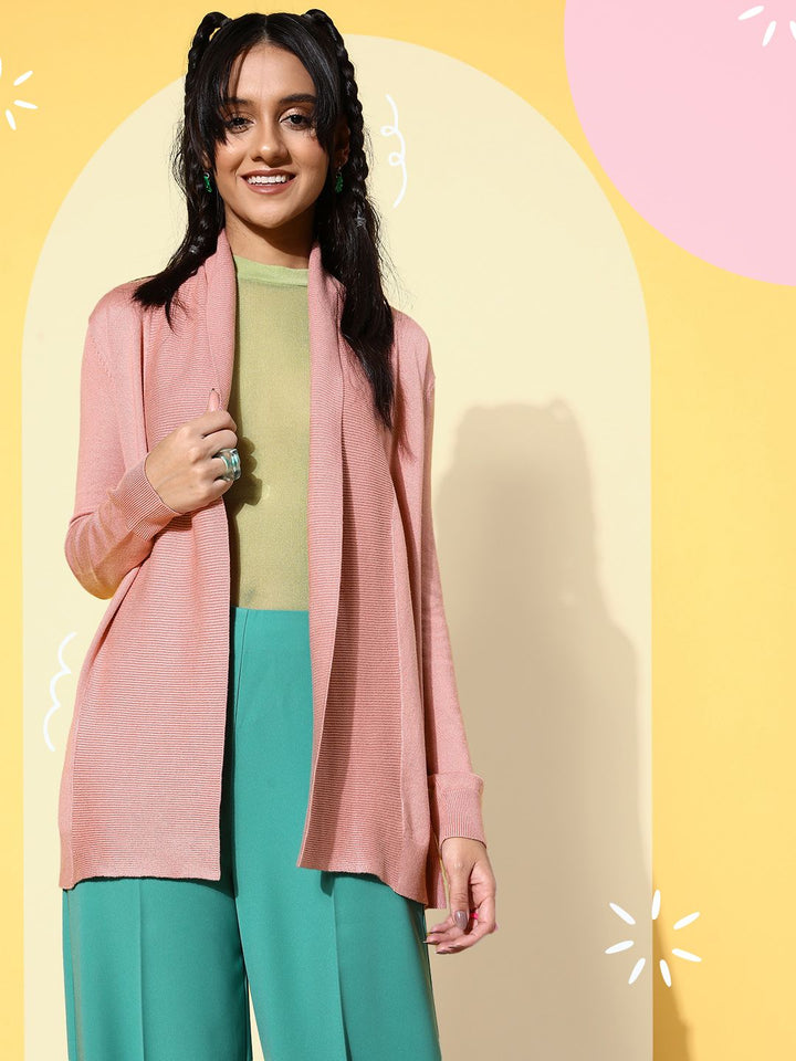 SASSAFRAS Women Pink Ribbed Shawl Collar Front Open Sweater