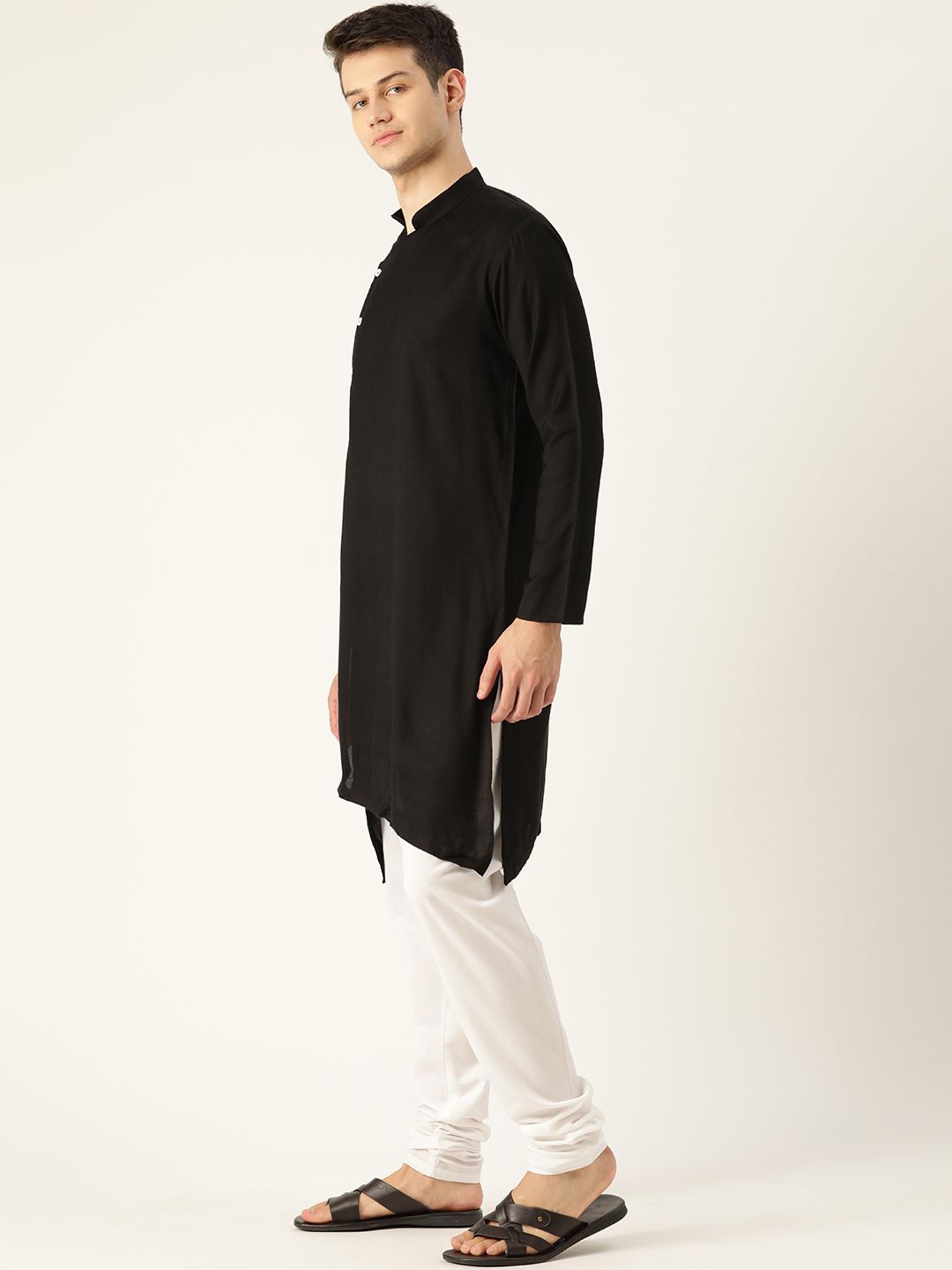 SOJANYA Men Black Solid Angrakha Asymmetric Straight Kurta