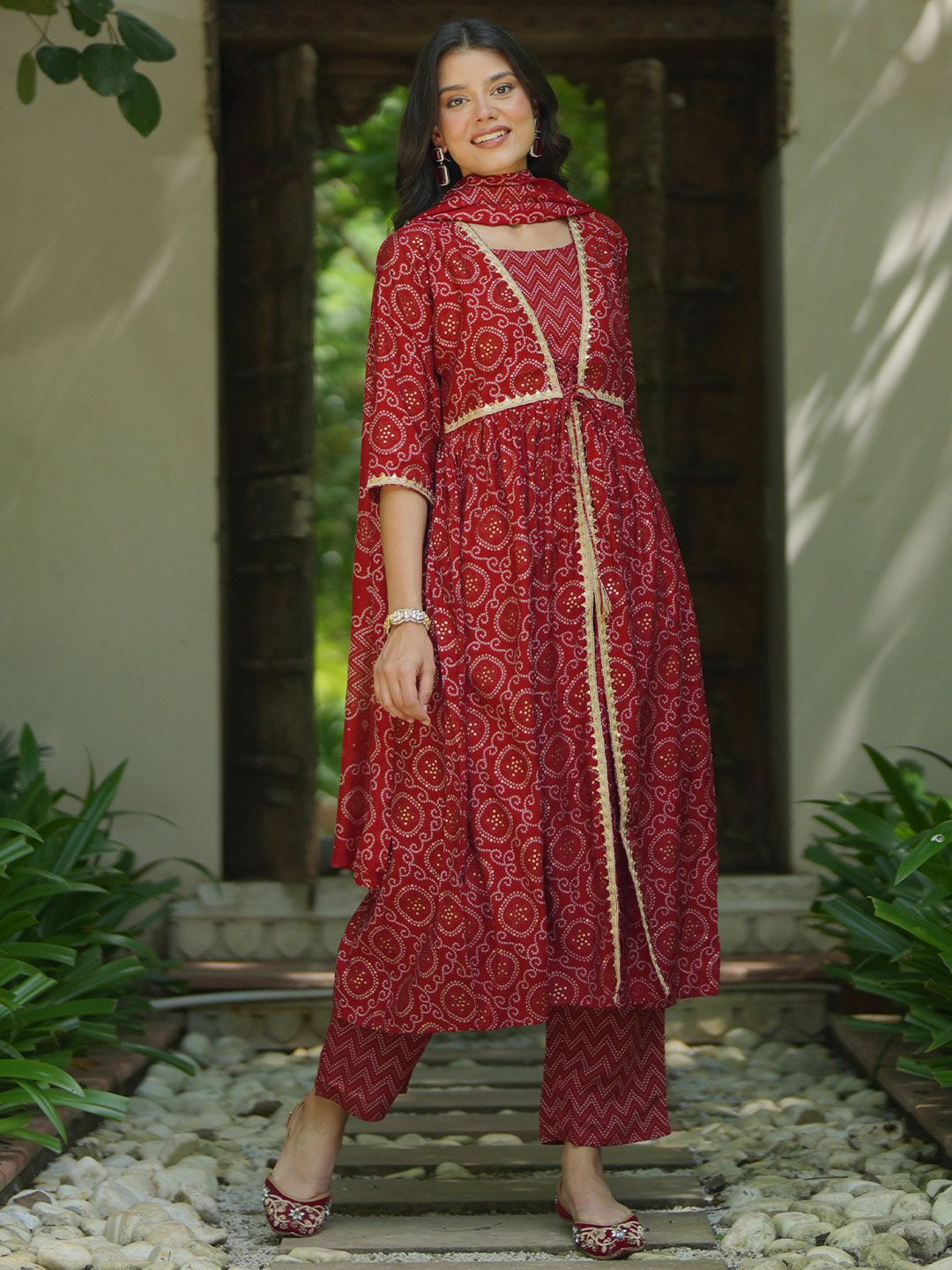 Libas Bandhani Printed Pleated Gotta Patti A-Line Kurta With Trouser & Dupatta