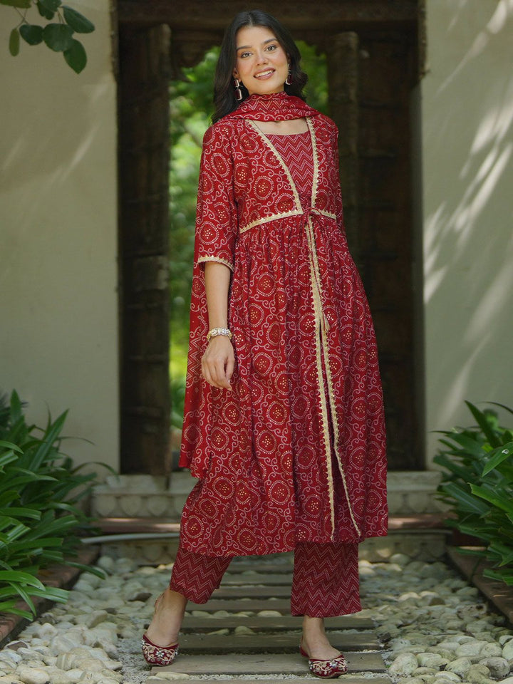 Libas Bandhani Printed Pleated Gotta Patti A-Line Kurta With Trouser & Dupatta
