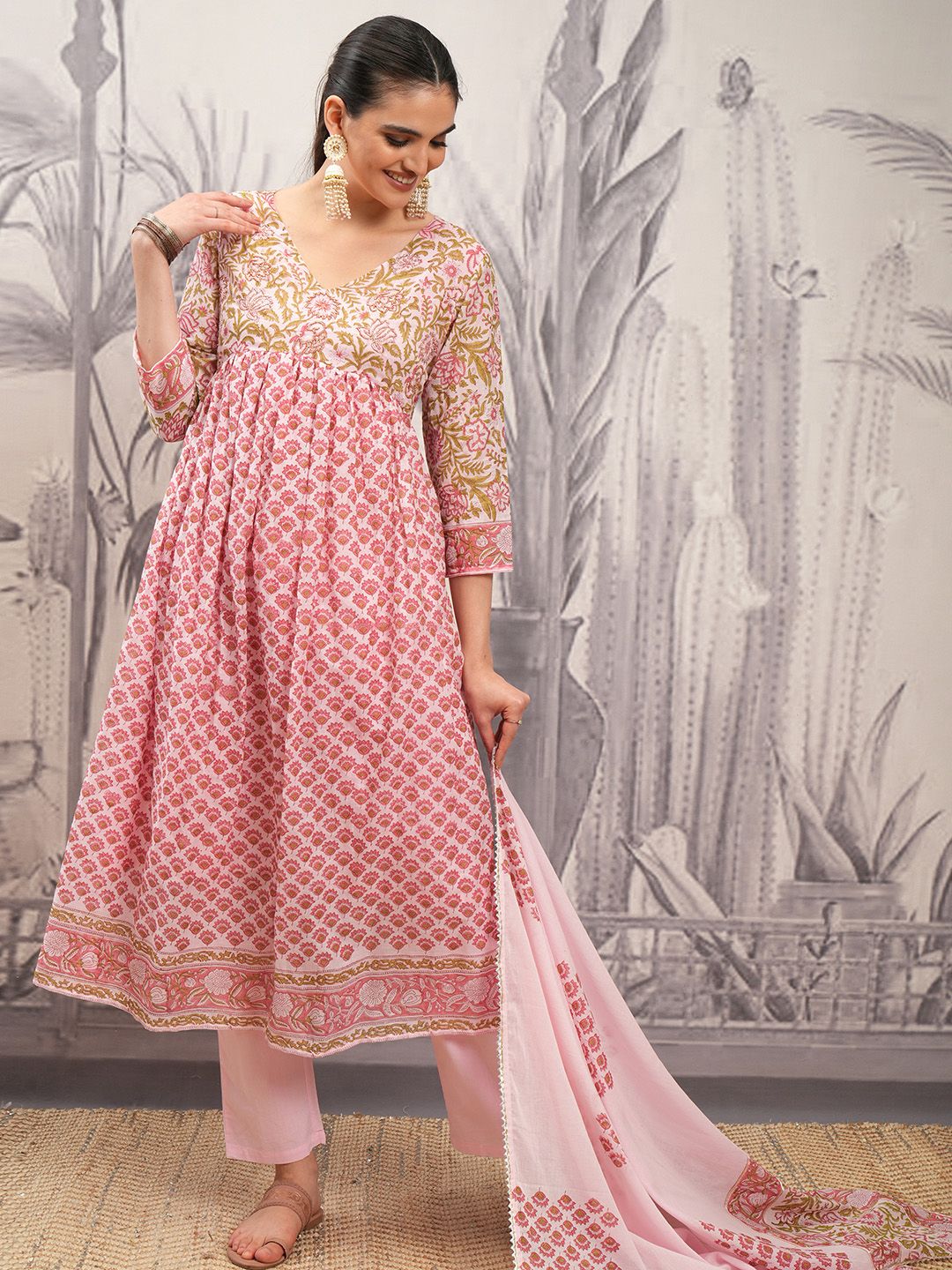 Vishudh Pink V Neck Floral Printed Regular Pure Cotton Anarkali Kurta Set