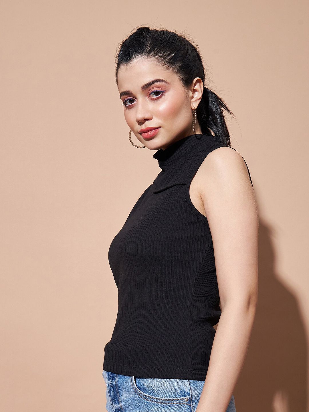 SASSAFRAS BASICS Ribbed Turtle Neck Sleeveless Cut Outs Cotton Fitted Top