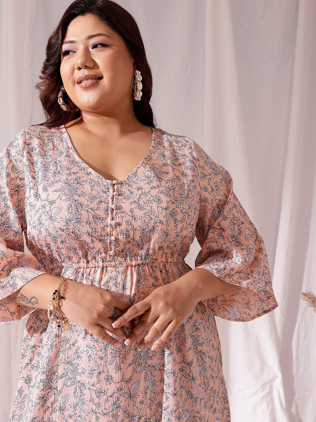 CURVY STREET Beige Floral Printed V-Neck Flared Sleeves Flared Fit & Flare Maxi Dress