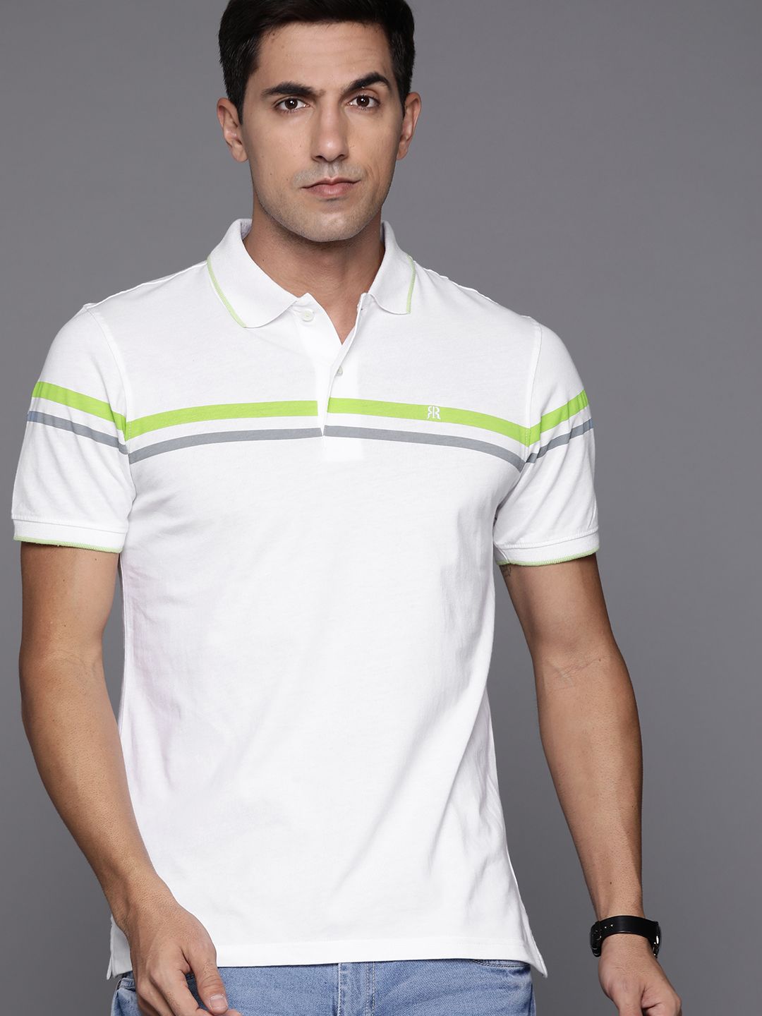 Raymond Men White & Green Printed Polo Collar T-shirt