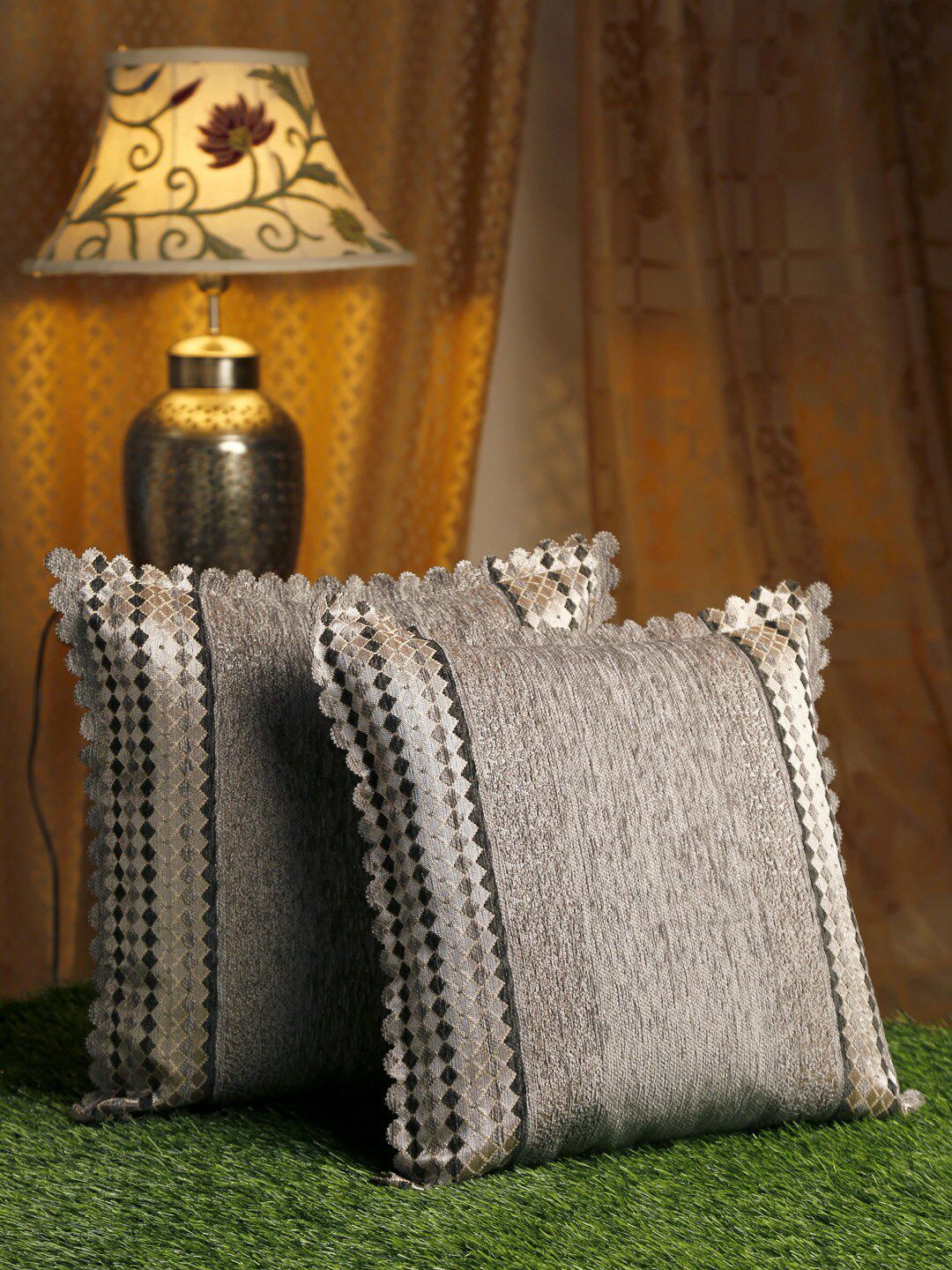 HOSTA HOMES Grey & Silver-Toned Set of 2 Velvet Square Cushion Covers