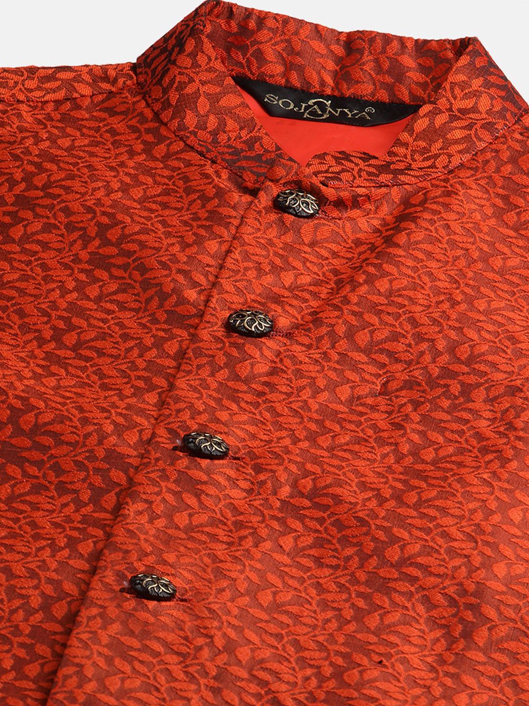SOJANYA Men Teal Blue & Orange Woven Design Kurta with Churidar & Nehru Jacket