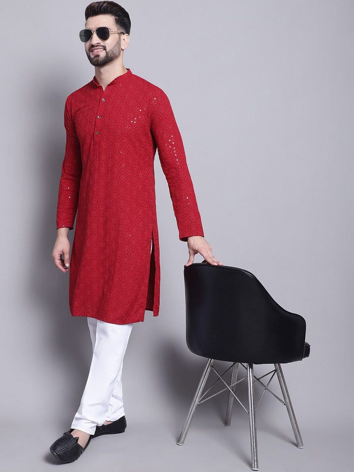 SOJANYA Geometric Embroidered Sequence Mandarin Collar Pure Cotton Kurta