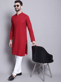 SOJANYA Geometric Embroidered Sequence Mandarin Collar Pure Cotton Kurta