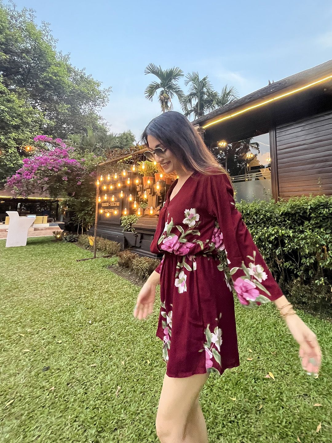 SASSAFRAS Maroon & Green Floral Print Playsuit