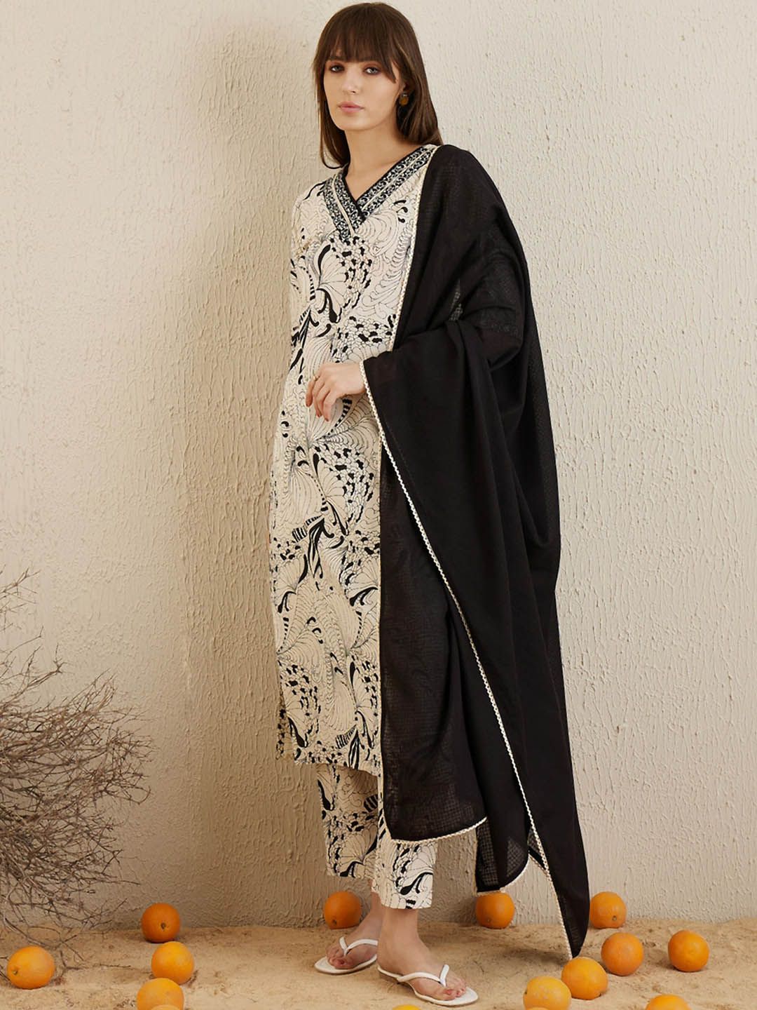 Indo Era Printed Regular Mirror Work Pure Cotton Kurta with Trousers & Dupatta