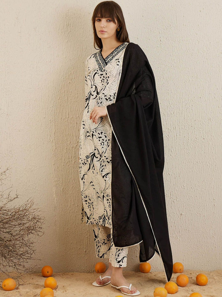 Indo Era Printed Regular Mirror Work Pure Cotton Kurta with Trousers & Dupatta