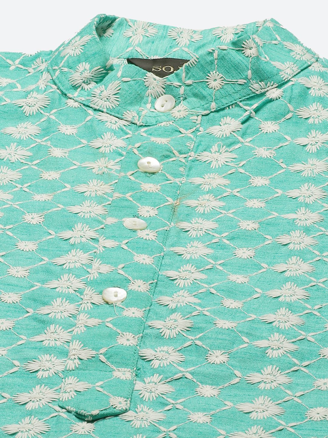 SOJANYA Lelaki Turquoise Biru & Putih Motif Etnik Bersulam Kurta dengan Churidar & Jaket