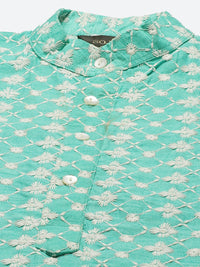 SOJANYA Lelaki Turquoise Biru & Putih Motif Etnik Bersulam Kurta dengan Churidar & Jaket