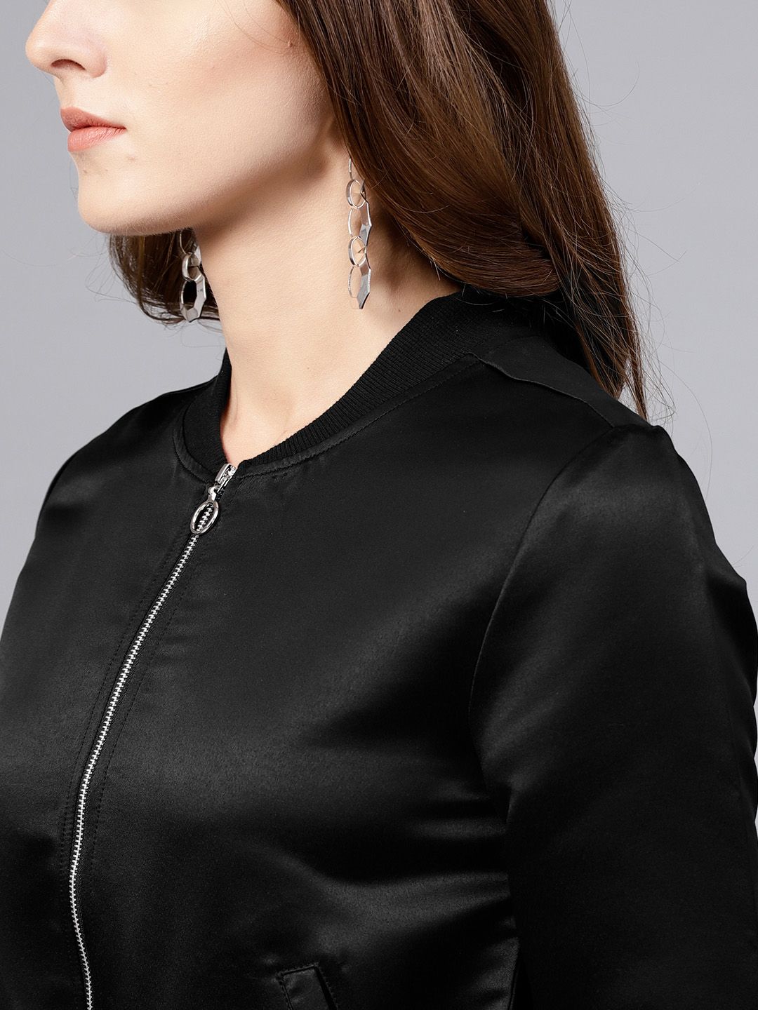 STREET 9 Women Black Solid Satin Bomber Jacket