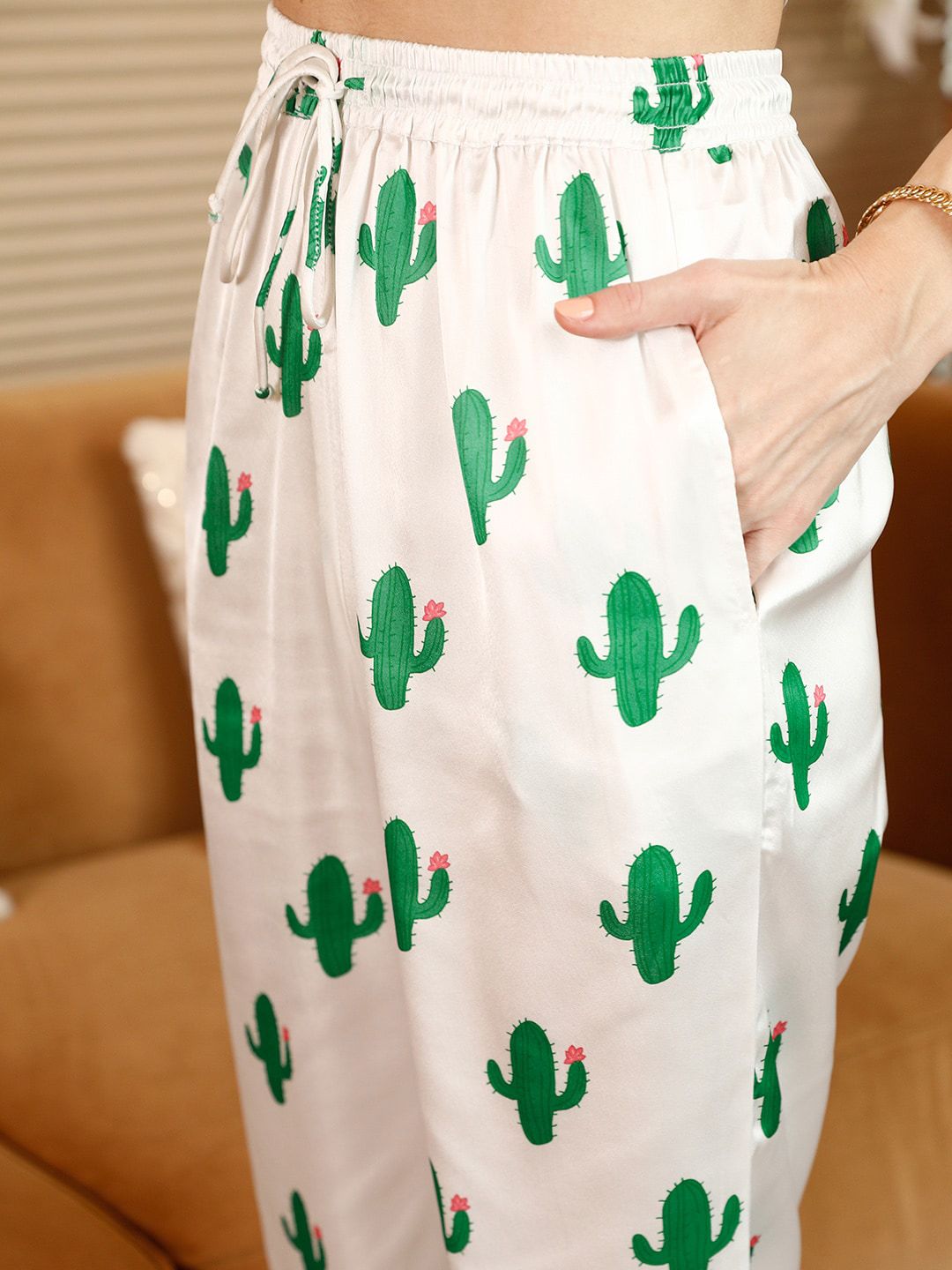 STREET 9 White & Green Conversational Printed Shoulder Straps Top & Trousers