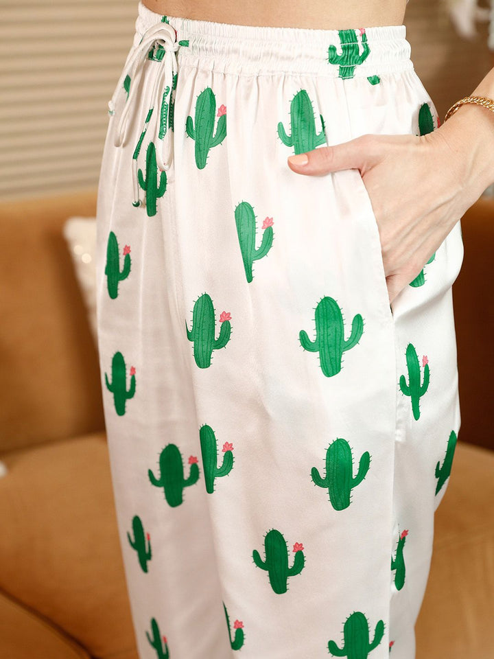 STREET 9 White & Green Conversational Printed Shoulder Straps Top & Trousers