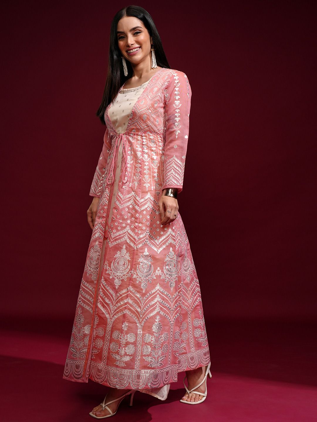Vishudh Peach-Coloured Ethnic Motifs Layered Ethnic Maxi Dress With Jacket