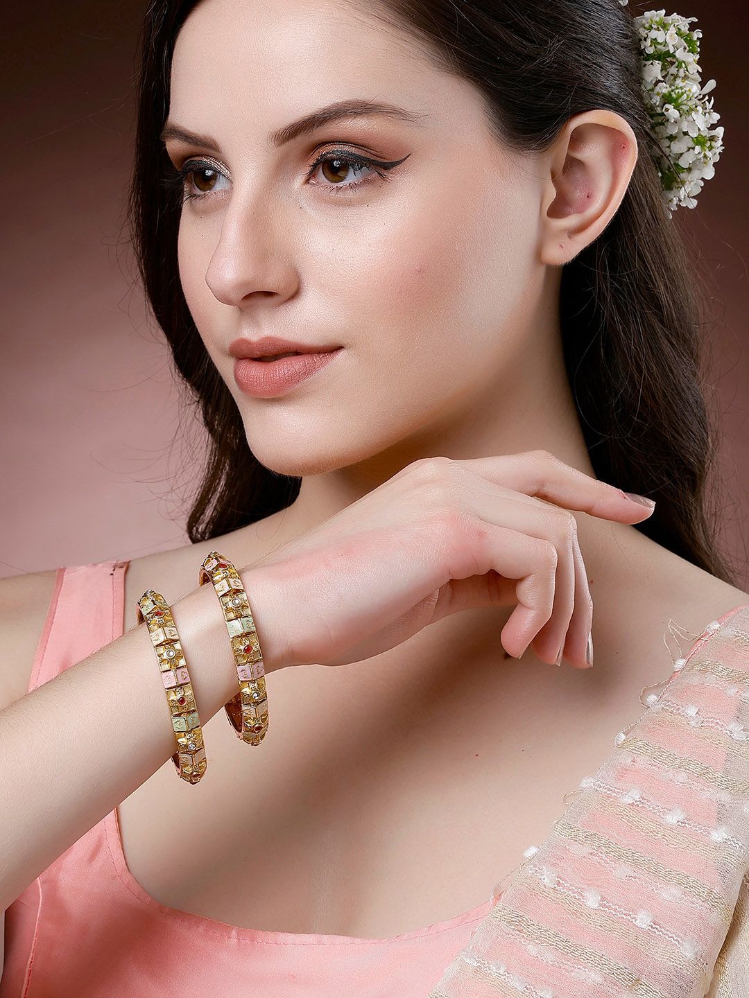 KARATCART Set of 2 Gold-Plated Kundan-Studded Meenakari Bangles