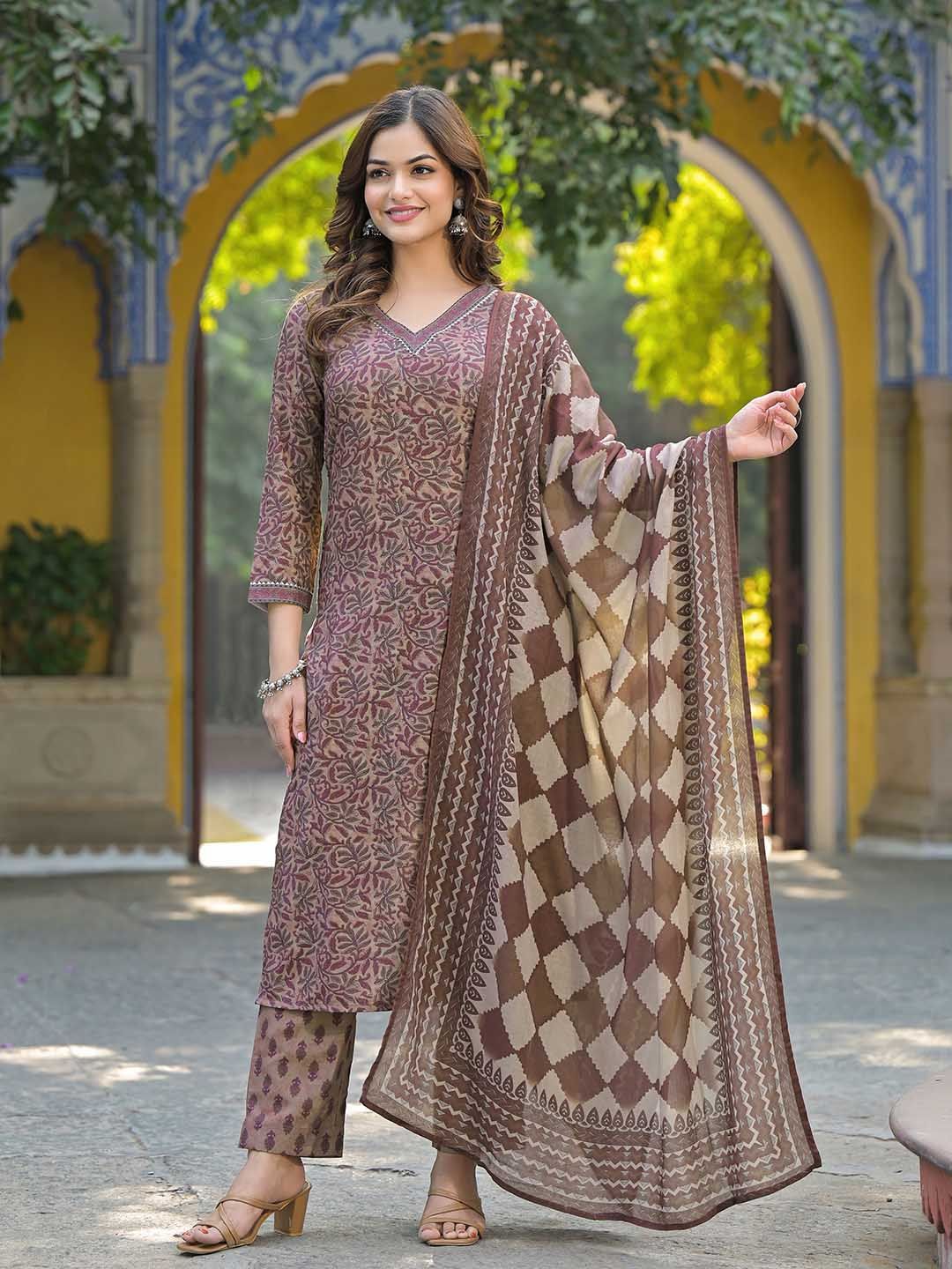 KALINI Floral Printed V Neck Gotta Patti Straight Kurta With Trousers & Dupatta