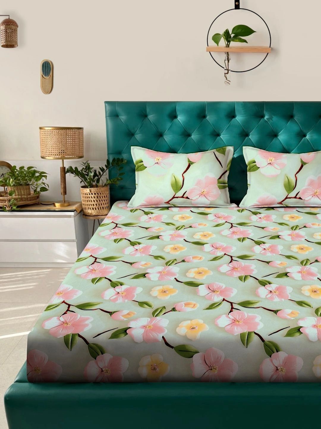Myntra Elegant Homes Green Floral 400 TC King Bedsheet with 2 Pillow Covers
