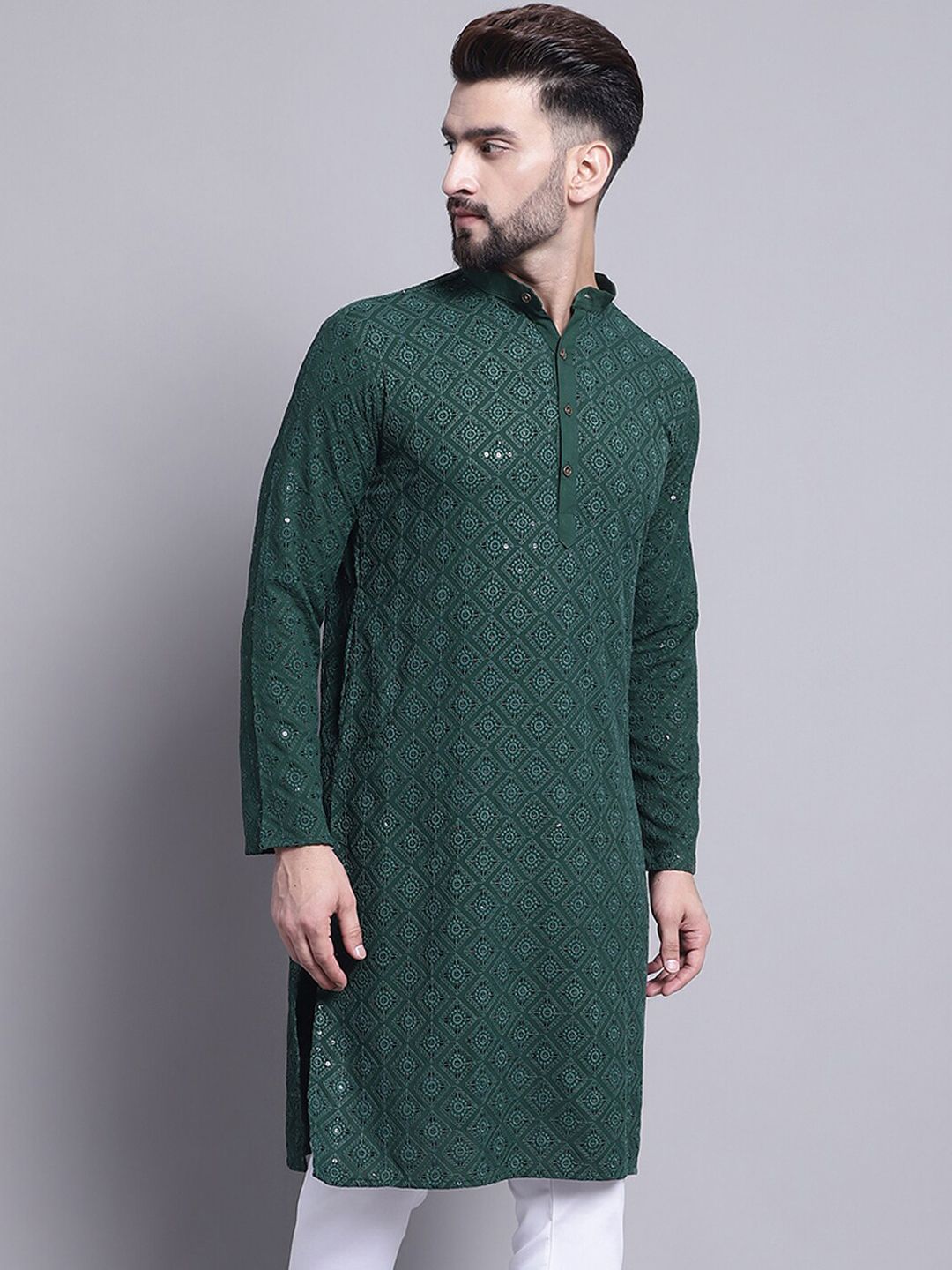 SOJANYA Turutan Sulam Geometrik Kolar Mandarin Kurta Kapas Tulen
