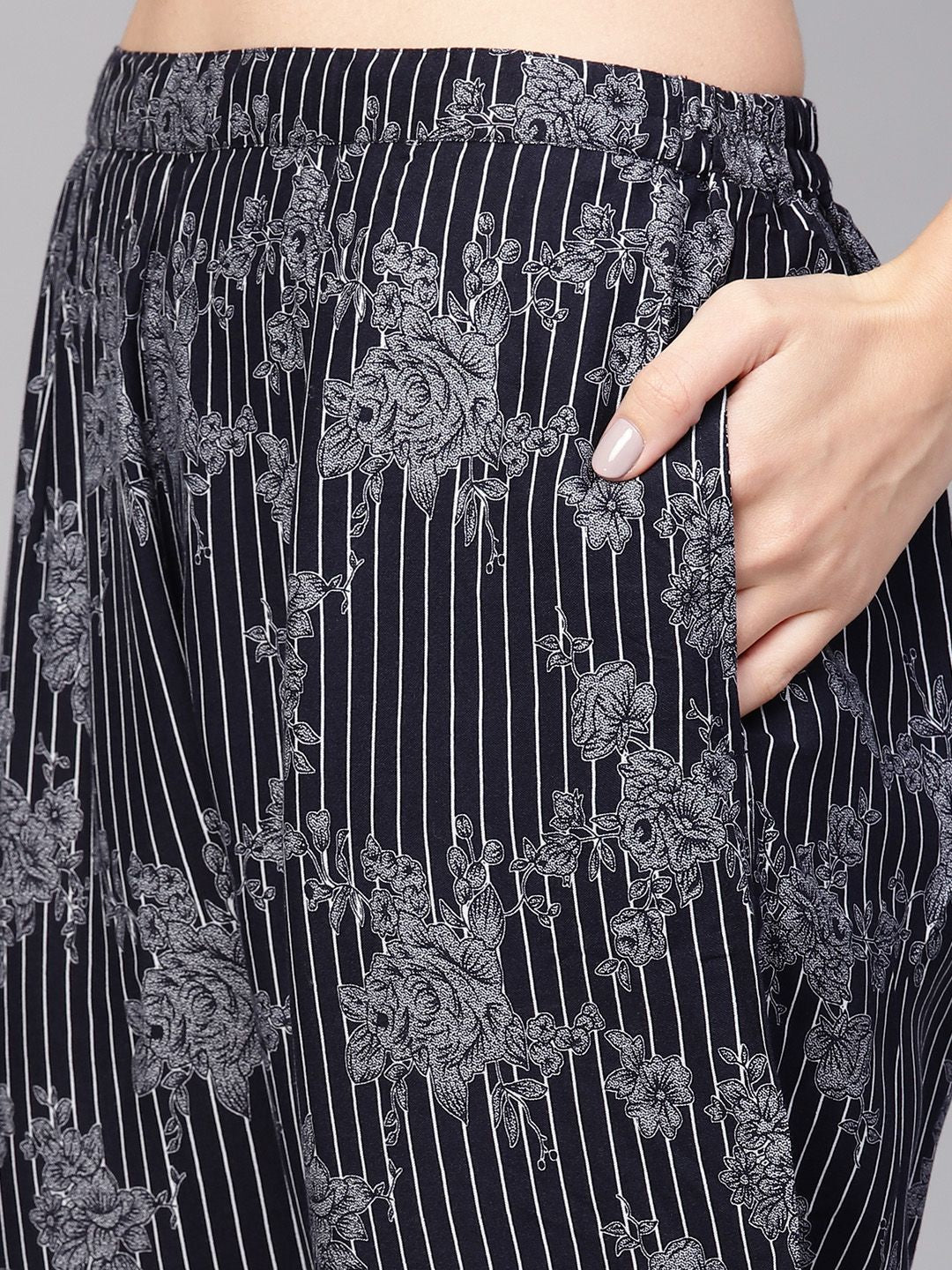 Gerua By Libas Women Navy Blue  White Printed Kurta with Trousers
