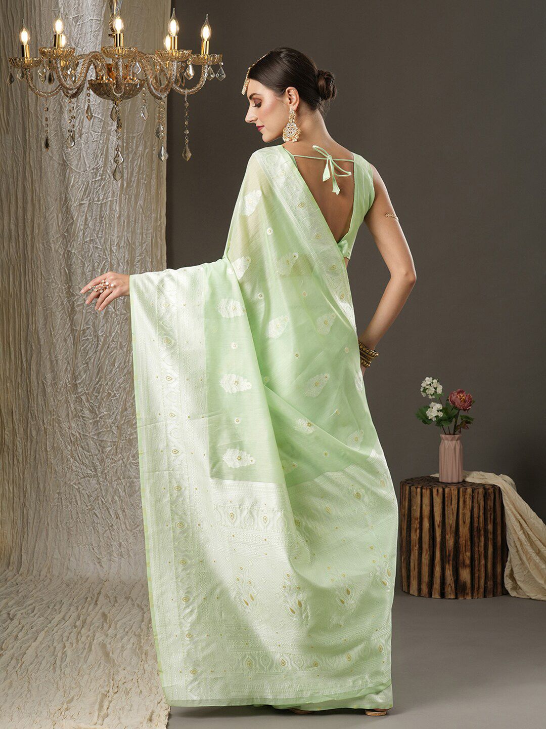 Saree mall Green Woven Design Silk Cotton Banarasi Sarees