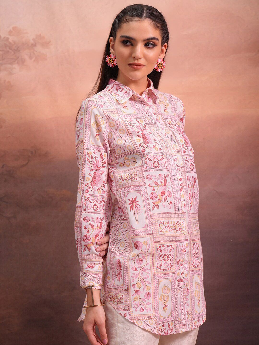 Vishudh Floral Printed Shirt Collar Ethnic Tunic