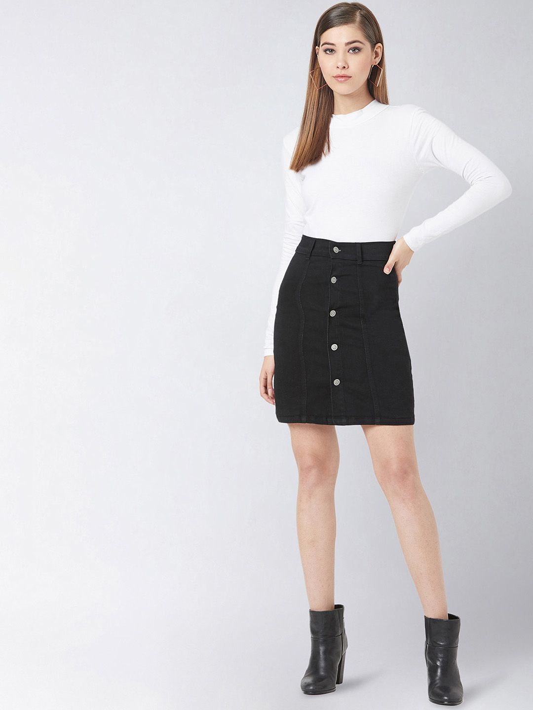 Miss Chase Black Denim Mini Straight Skirt