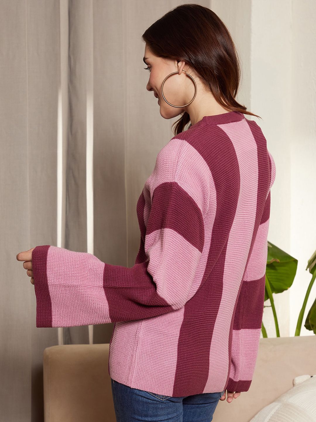 Berrylush Pink & Maroon Striped Acrylic Pullover Sweater