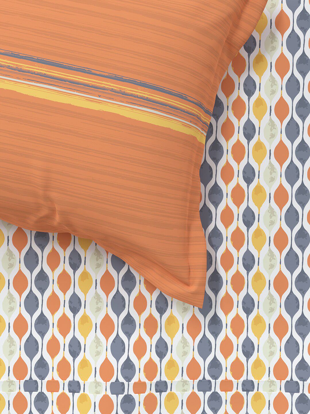 MYTRIDENT Orange  White Geometric Cotton 144 TC Queen Bedsheet With 2 Pillow Covers